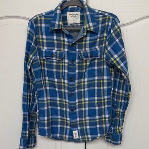 Abercrombie & Fitch Blue and White Plaid Button-Down Shirt with Yellow Accents